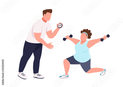 Woman with fitness instructor flat color vector faceless character. Trainer helping lady with training isolated cartoon illustration for web graphic design and animation. Weight loss  slimming