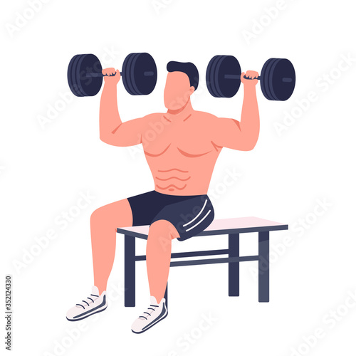 Bodybuilder lifting dumbbells flat color vector faceless character. Muscular sportsman working out isolated cartoon illustration for web graphic design and animation. HIIT, intense training at home