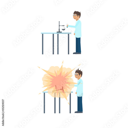 Chemical experiment. Explosion in the laboratory. Experience, vector illustration