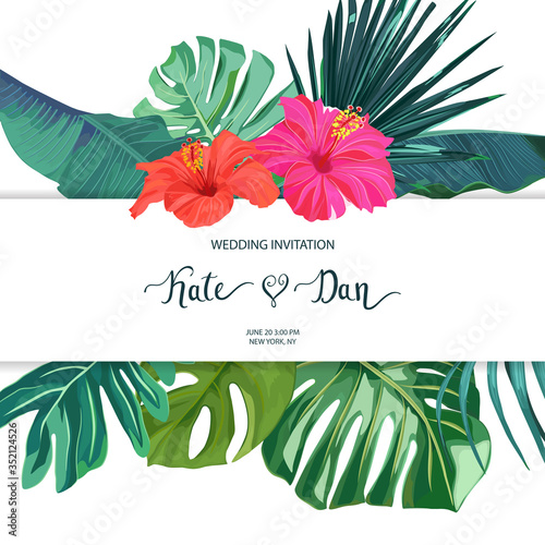 Floral background with palm leaves and hibiscus. Wedding Invitation, save the date, rsvp, invite card. Vector illustration. Celebration template