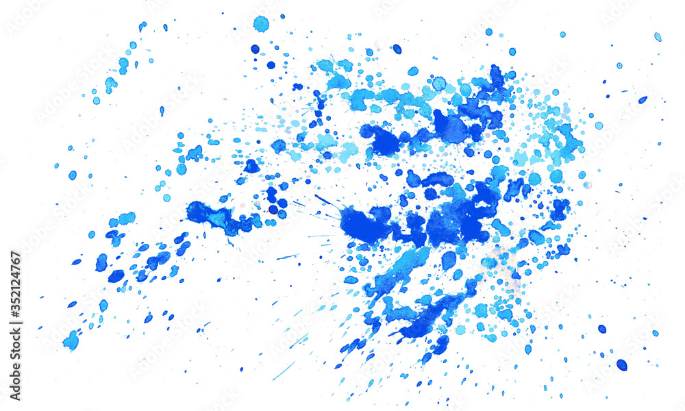 Blurred watercolor spots and splashes. Colorful illustration of watercolor drops, and blots. Blue drops on a white background.