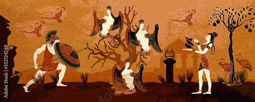 Ancient Greece. Black figure pottery style. History and culture scene. Ancient Greek scene. Warriors. Legends art. Hero Hercules and harpy. Old mythology of Europe