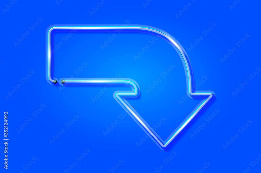 Curved down arrow glowing neon sign or LED strip light on blue background. Vector art Curved down arrow glowing neon sign or LED strip light on blue background. Vector art