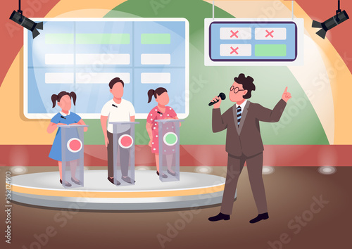 Kids quiz show flat color vector illustration. Game host and smart children 2D cartoon characters with stage on background. Educational childish contest, brain games. Entertainment program