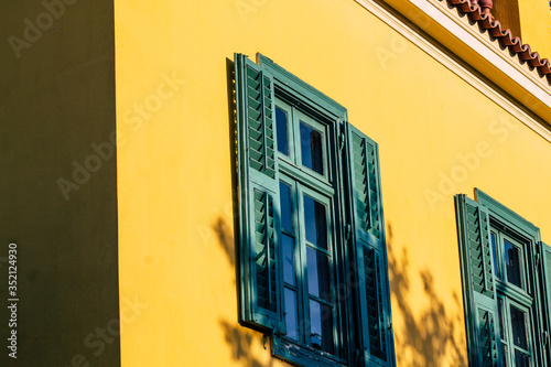 Closeup of the facade of a old house in Athens, Greece
