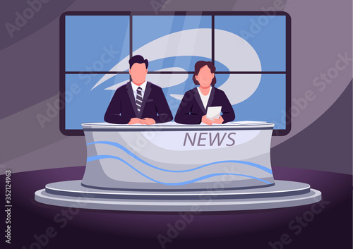 Breaking news flat color vector illustration. Male and female newscasters, newsreaders 2D cartoon characters with television studio on background. Professional anchorman and anchorwoman on air