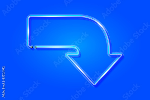 Curved down arrow glowing neon sign or LED strip light on blue background. Vector art