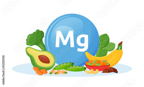 Products containing magnesium cartoon vector illustration. Mg in broccoli and spinach veggies. Bananas and nuts healthy food flat color object. Healthy vegetarian food isolated on white background