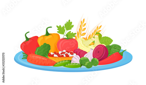 Raw vegetables, beans and cereals cartoon vector illustration. Foods rich in fiber, vitamins and minerals flat color object. Vegan, vegetarian products. Healthy diet isolated on white background