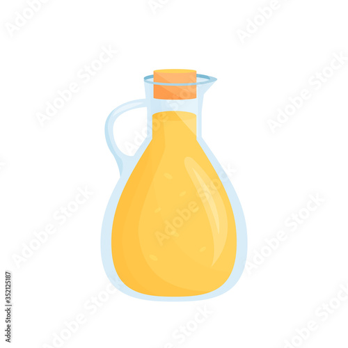 Vegetable oil in glass pitcher cartoon vector illustration. Polyunsaturated fatty acids sources flat color object. Olive, sunflower seed oil. Healthy fat source isolated on white background