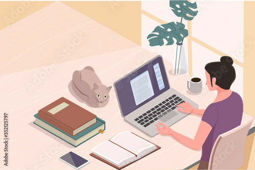 Freelance work concept. Freelancer work in comfortable conditions. Home working space. Modern flat cartoon style. Vector illustration