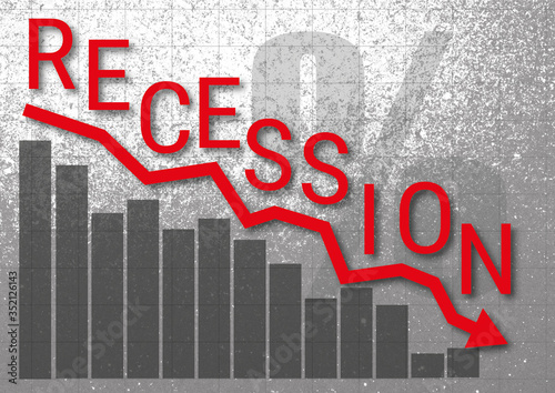 Recession word in red on top of line chart over bar chart 