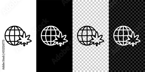 Set line Legalize marijuana or cannabis globe symbol icon isolated on black and white background. Hemp symbol. Vector