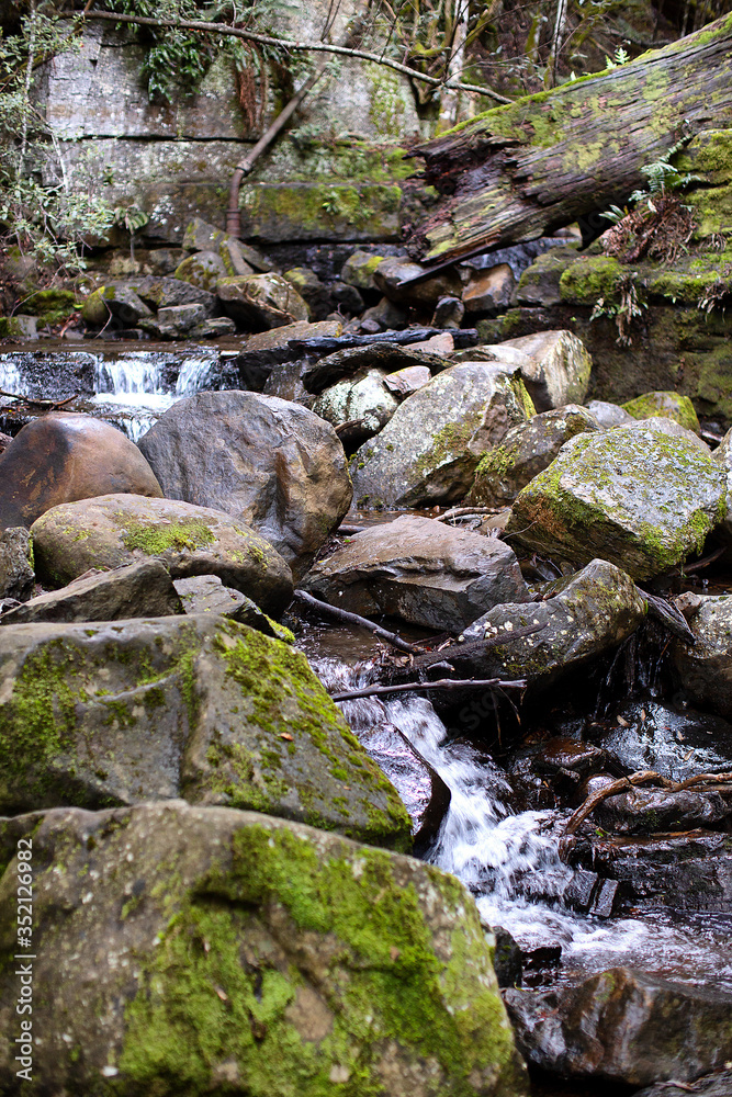 View of water running down small rocky stream View of water running down small rocky stream