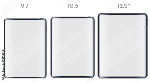 Set of Tablet PC layout presentation mockup. Example frameless models Tab with touchscreen. Project application mockup. Vector Illustration isolated on white background