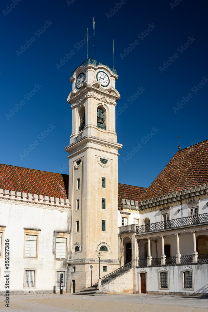 university of coimbra.
View on the courtyard of the old university with university tower in Coimbra city during the morning in the central Portugal