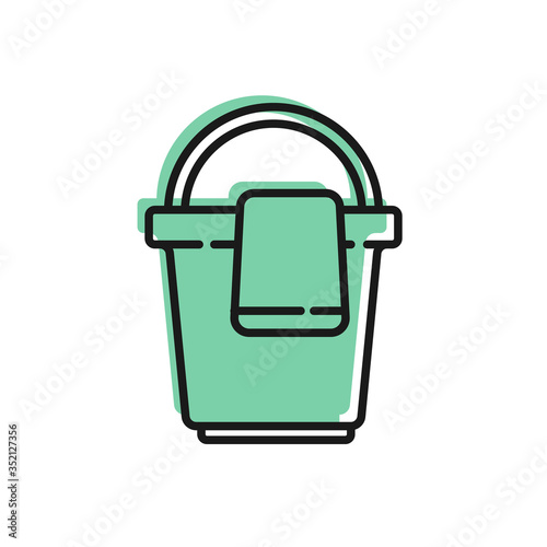 Black line Bucket with rag icon isolated on white background. Cleaning service concept. Vector