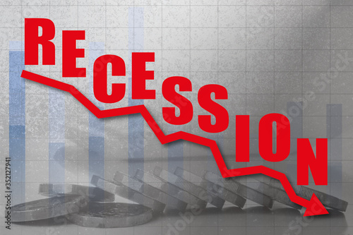 Recession word in red on top of line chart with coins underneath 
