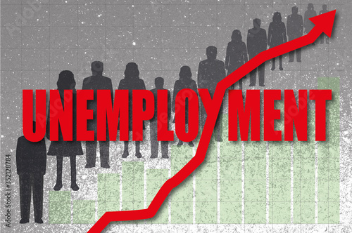 Red Unemployment word with line chart intersecting and silhouettes of unemployed people 