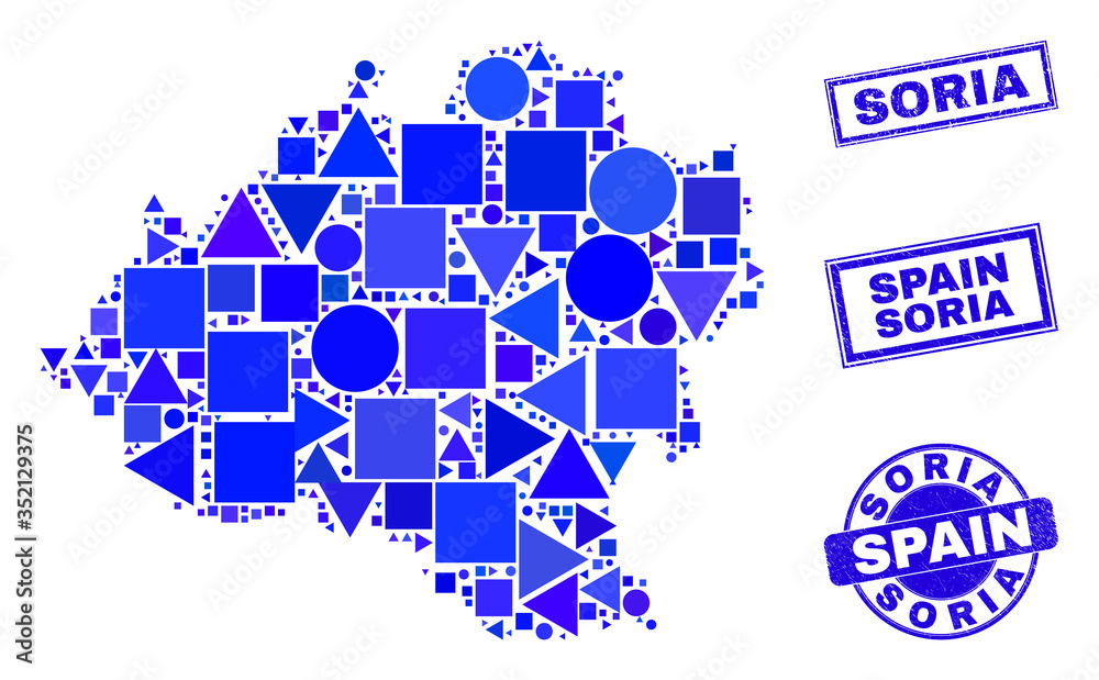 Vector mosaic Soria Province map. Geographic collage in blue color hues, and unclean round and rectangle stamp seals. Abstract mosaic of Soria Province map organized of round, tringle, Vector mosaic Soria Province map. Geographic collage in blue color hues, and unclean round and rectangle stamp seals. Abstract mosaic of Soria Province map organized of round, tringle,