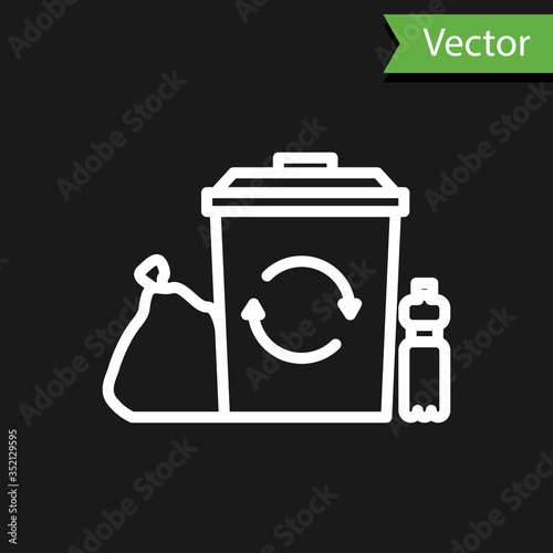 White line Recycle bin with recycle symbol icon isolated on black background. Trash can icon. Garbage bin sign. Recycle basket. Vector Illustration