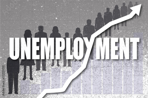 Unemployment word with line chart intersecting and silhouettes of unemployed people 