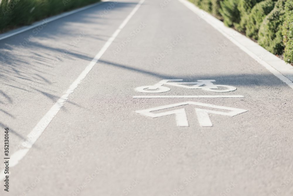 Fototapeta premium Bicycle lane. Sign that indicates cycling track. Save transportation in a city