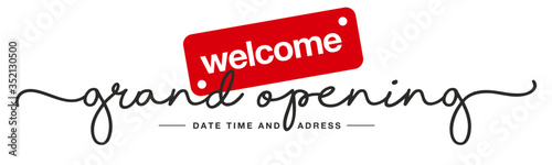 Grand opening handwritten and display tipography lettering welcome black red white background banner