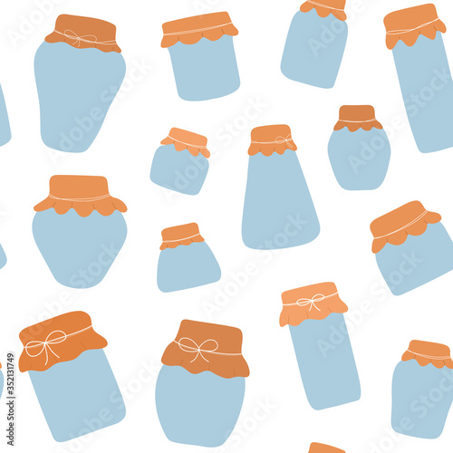 Seamless pattern with  jars for pickling vegetables and jam. Preserving vegetables and fruits. Fermented food. Autumn canning. Conservation of harvest.