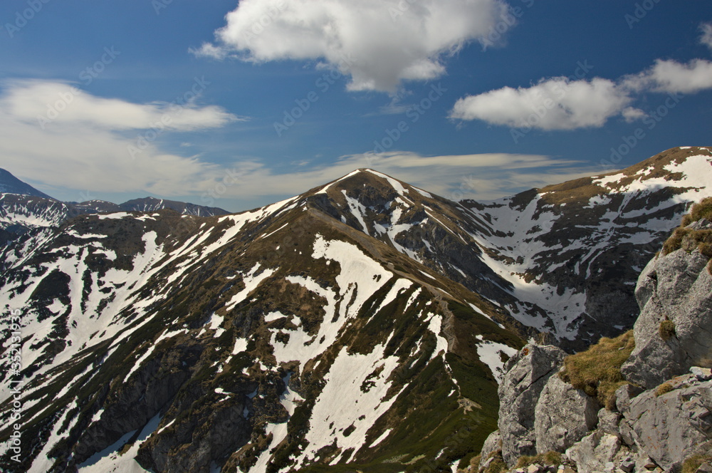 Poland Tatry view of Tatra peaks with blue sky in the background. Vacation in the Tatra Mountains Poland.