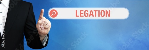 Legation. Lawyer in suit points with his finger to a search box of a Browser. The word is in focus. Blue Background. Law, justice, jurisprudence