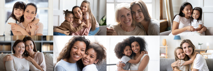 Collage mosaic banner with happy beautiful multiethnic diverse mommies and children cuddling looking at camera posing for family closeup headshot face portraits of moms with kids. Mothers day concept.