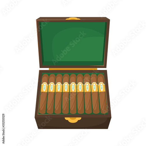 Wooden box with a set of expensive Cuban cigars. Vector image.