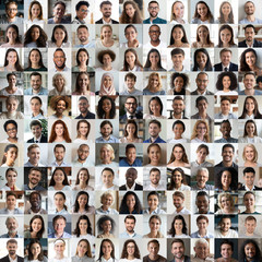 Lot of happy multiracial people looking at camera in square collage mosaic. Many smiling multiethnic faces of young and old diverse ethnic business people group headshots. Hr, staff, society concept.