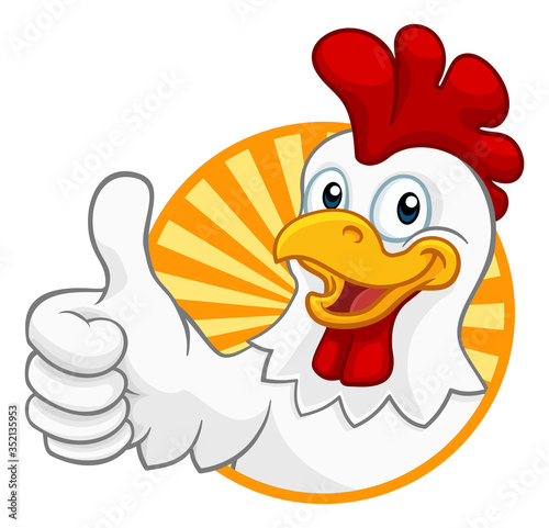 A chicken cartoon rooster cockerel character mascot giving a thumbs up.