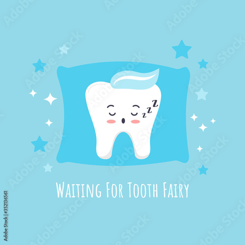 Cute baby tooth emoji sleeping on pillow and stars around.