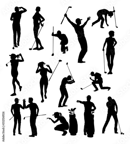 A set of golfer sports people playing golf in various poses