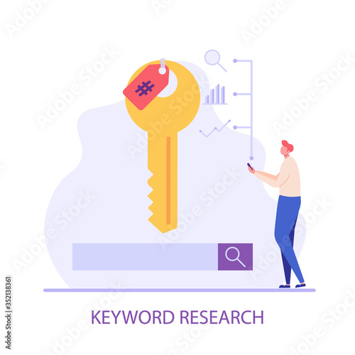 Advertising manager analyzes and selects keywords. Keyword research. Concept of search engine optimization, SEO ranking, digital marketing. Vector illustration in flat design for web banner