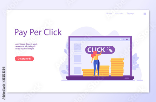 Advertising manager making money with PPC campaign. Pay per click management. Concept of SEO, digital marketing, internet contextual advertising. Vector illustration in flat design for landing page