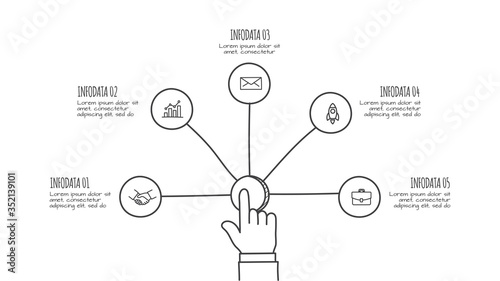 Businessman pressing button on a virtual background. Doodle circle line infographic. Business concept with 5 options, parts, steps or processes