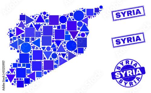 Vector mosaic Syria map. Geographic scheme in blue color tones, and scratched round and rectangle seal stamps. Abstract concept of Syria map combined of round, triangles, square geometric elements.