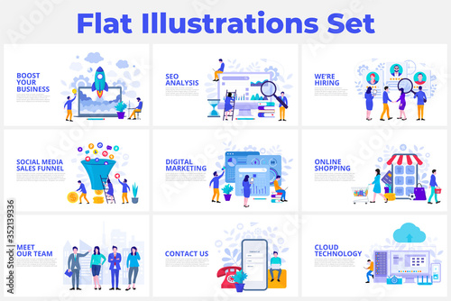 Seo analysis, startup, digital marketing, cloud technology and sales funnel flat vector illustration. Landing page template for web