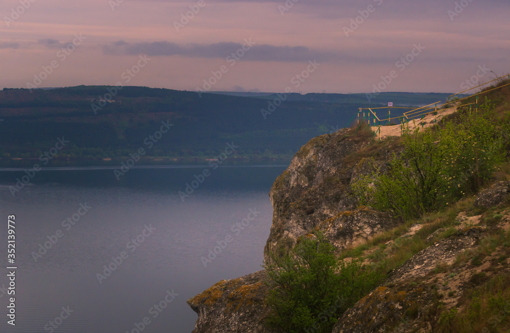 Aerial view on the Dniester Canyon, River and Bakota Bay in National Park Podillya Tovtry. Location place: Bakota,