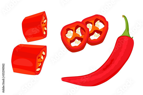 Chili pepper isolated on white background. Set of red hot natural chili pod with whole, sliced, piece and seeds pepper. Chili pepper, spice, traditional ingredient of Mexican cuisine. Stock vector