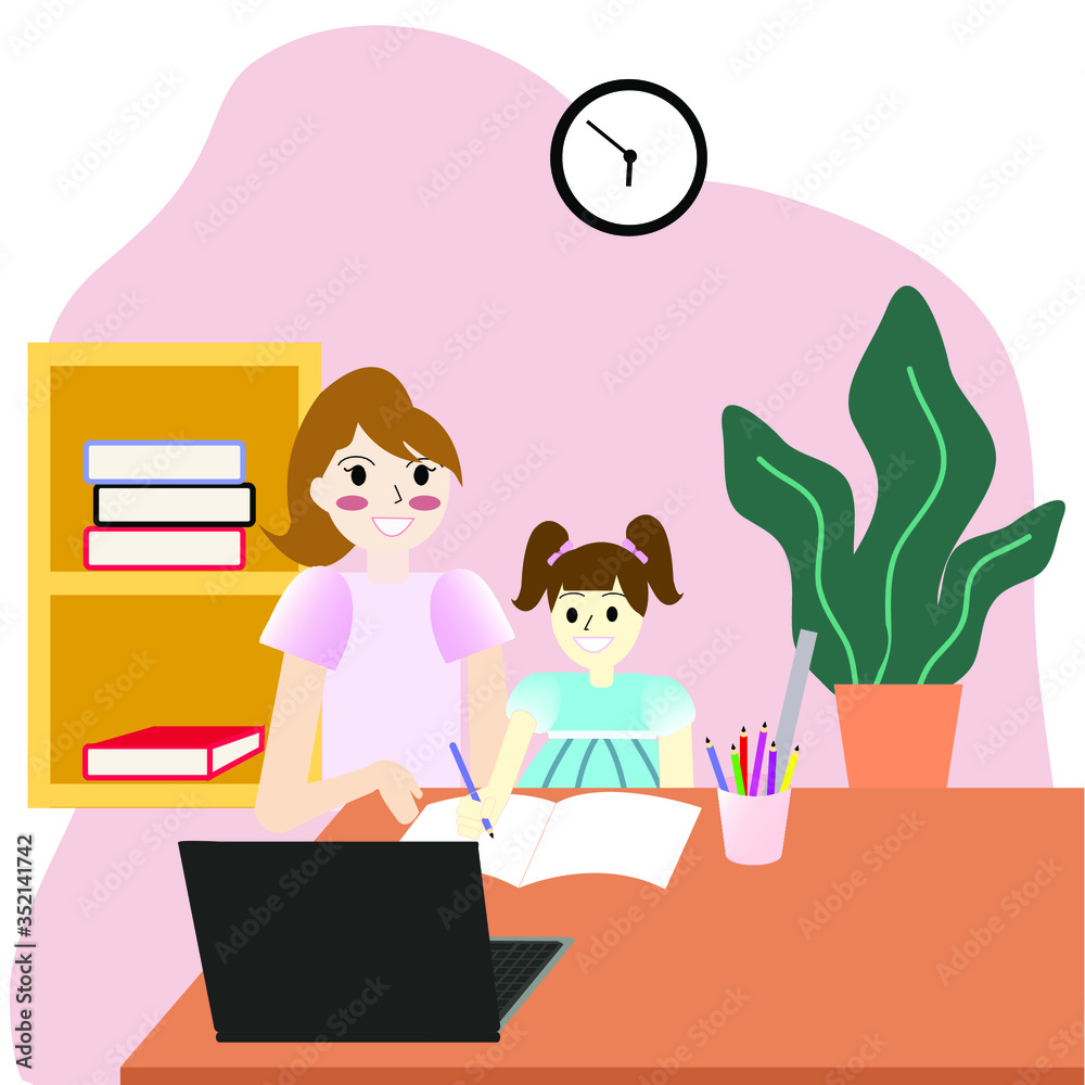 E-learning for kids, landing page template. Online early childhood education courses. home schooling.preschoolers at distance learning. Mother and daughter learning at home. Vector E-learning for kids, landing page template. Online early childhood education courses. home schooling.preschoolers at distance learning. Mother and daughter learning at home. Vector