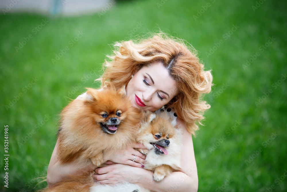 beautiful red-haired woman with closed eyes of pleasure hugs two little spitz dogs. portrait of a happy child free woman beautiful red-haired woman with closed eyes of pleasure hugs two little spitz dogs. portrait of a happy child free woman