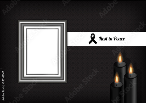 Mock up Mourning symbol with Black Respect ribbon ,Frame and Candle on Texture background Banner. Rest in Peace Funeral card Vector Illustration.