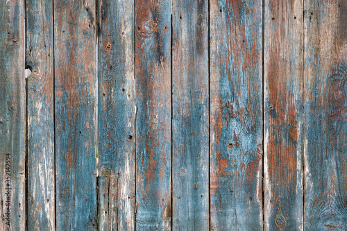 Texture of wooden slats with peeling paint. Old wooden natural background. vertical boards with faded paint. Fence boards in blue, brown and gray.