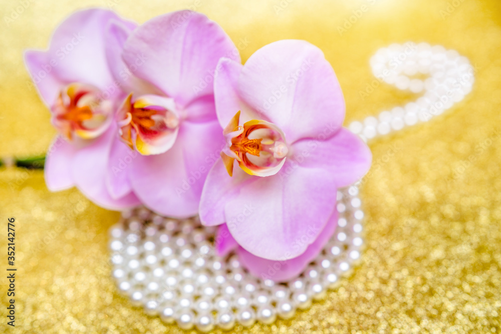 purple Orchid and pearl necklace on a shiny gold background purple Orchid and pearl necklace on a shiny gold background