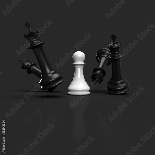 3d render of chess pieces to show the value of smallest pawn. Concept is strategy or stand out.  (ID: 352143324)